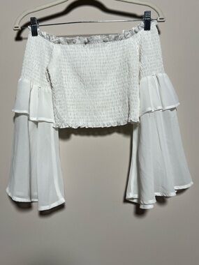 SHEIN White Off-Shoulder Smocked Crop Top with Flared Tiered Sleeves